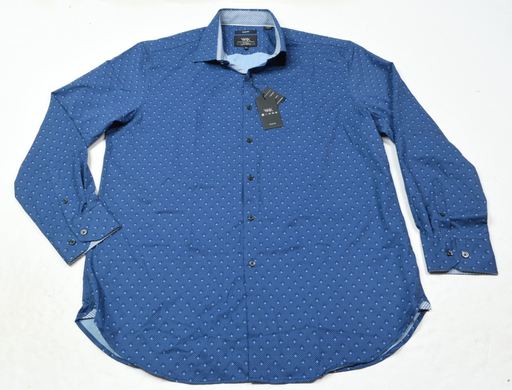 WRK 4-Way Stretch Shirt Mens 17.5 Blue Geometric Slim Fit Long Sleeve Button-Up